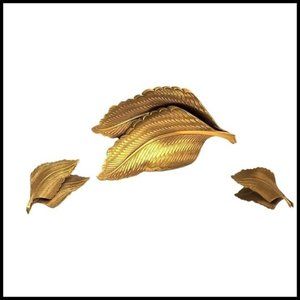 Vintage Jeri‎ Lou Signed Feather Leaf Brooch Scarf Clip Earrings Set Brass Color